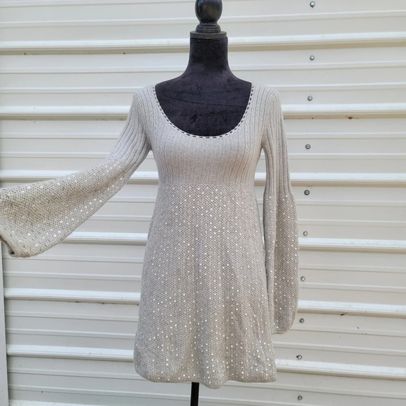 Marciano Cashmere Wool Rabit Sequin Gray Bubble Long Sleeve Sweater Dress XS - Picture 1 of 13